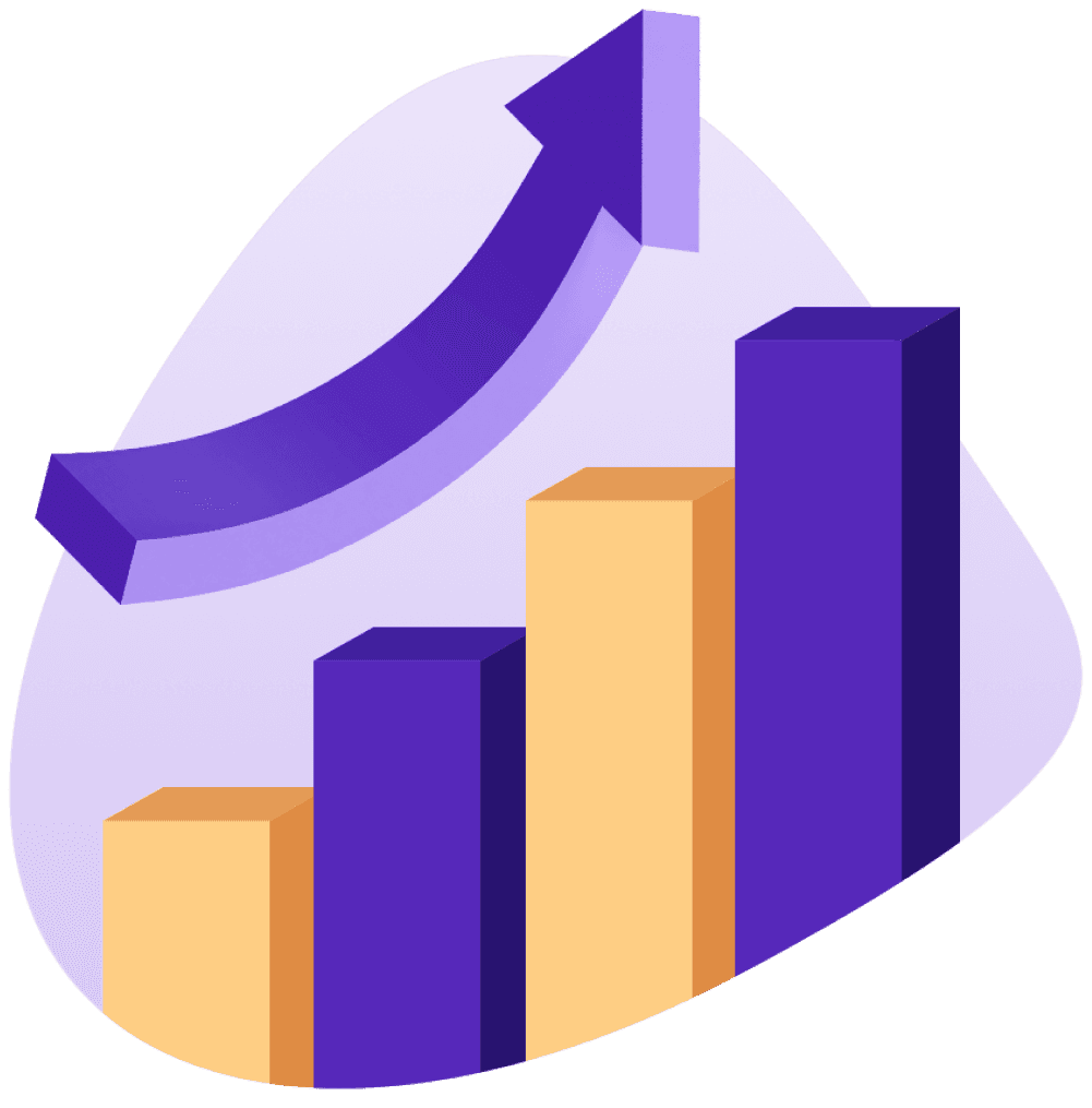 Bar chart with ascending purple and orange bars and an upward arrow, indicating growth or increase.
